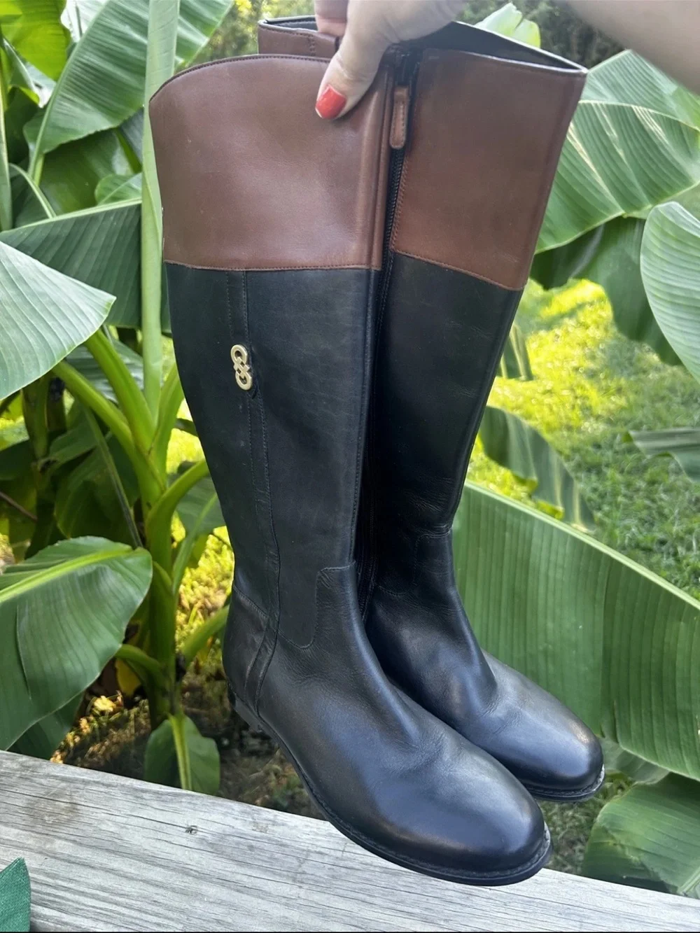 Cole Haan Leather Black And Brown Knee High Riding Boots Size 6.5B